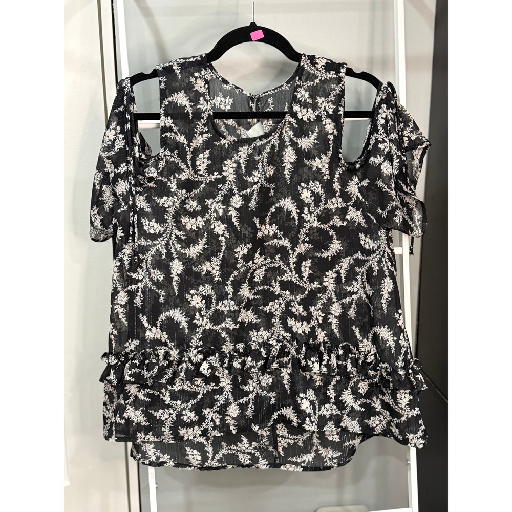 Maeve Anthropologie Black Floral Cold Shoulder Ruffle Blouse M Ethereal Goth